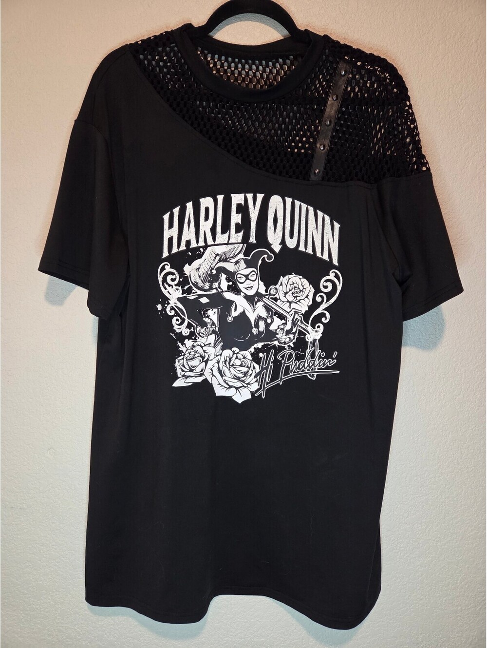 Harley Quinn Black Graphic T-Shirt Dress with Mesh Studded Detail, Size Small